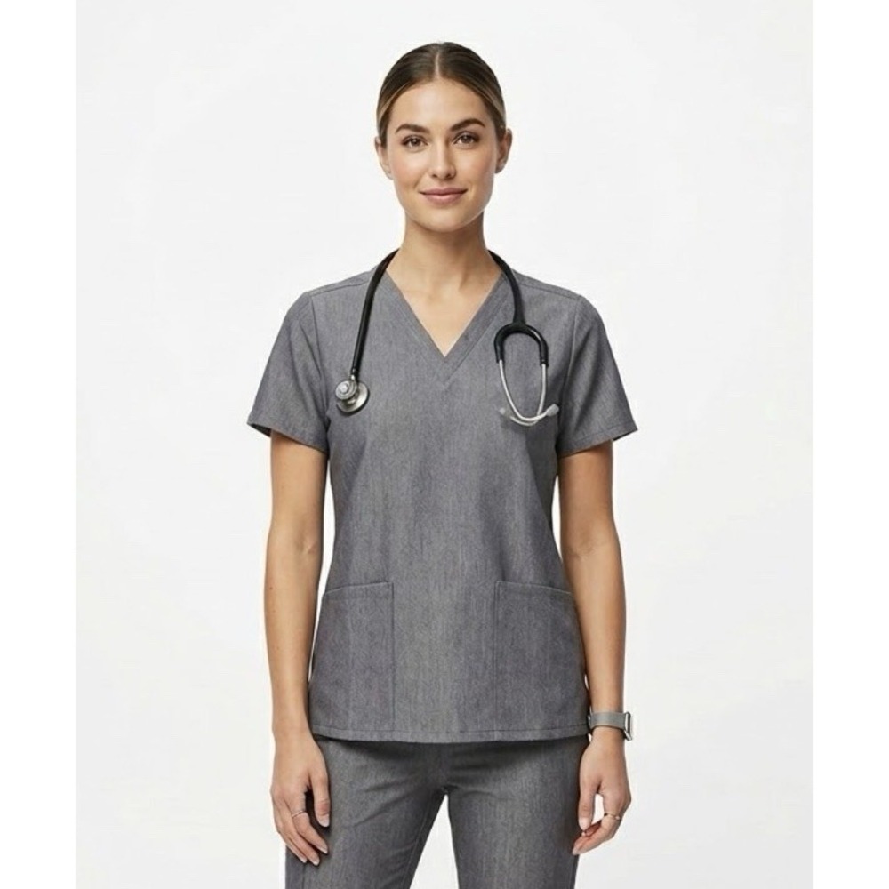 Figs Scrub Top Women's XL Gray V-Neck Threads For Threads Pocket Short Sleeves